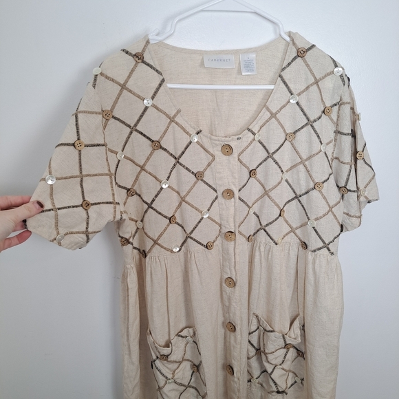 Cabernet Beige Cotton Linen Cottagecore Prairie Button Up Midi Dress Size L - Picture 3 of 7